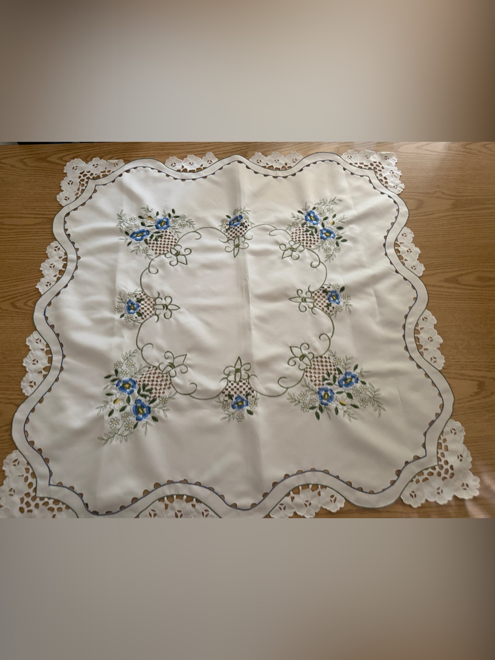 Vintage Embroidered Square Floral Tablecloth - Blue on off-white 33x33